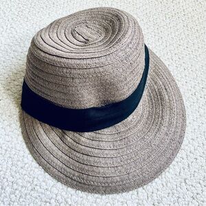 EUC Basic Editions Woven Straw Boater Hat | Medium Brim | Black Grosgrain Ribbon